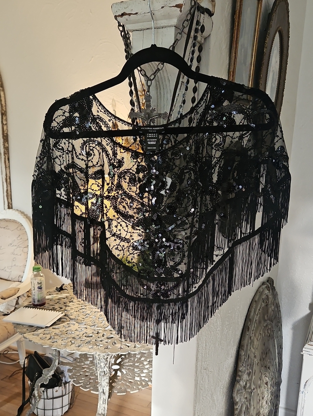 NWT Black Sequin Fringe Shawl